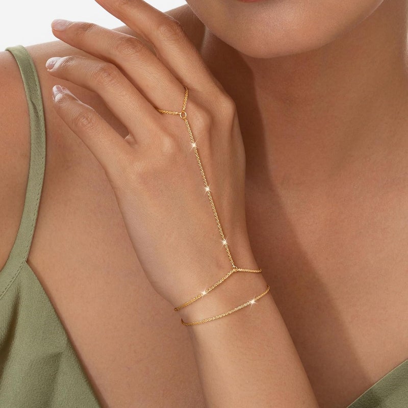 Moodear Sterling Silver Dainty Ring Bracelet Hand Chain for Women - 14K Gold Plated/Sterling Silver Layered Adjustable Satellite Bead Paperclip Dot CZ Link Hand Chain Bracelets Non Tarnish Trendy Jewelry Gift - Image 3